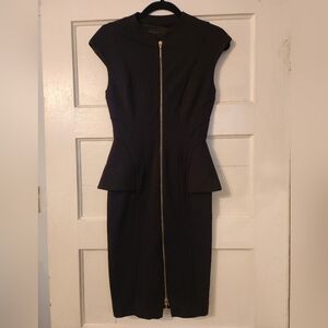 Ted Baker London Dress, Jumana Black Midi, Peplum Exposed Zipper Sz 0 / XXS  EUC